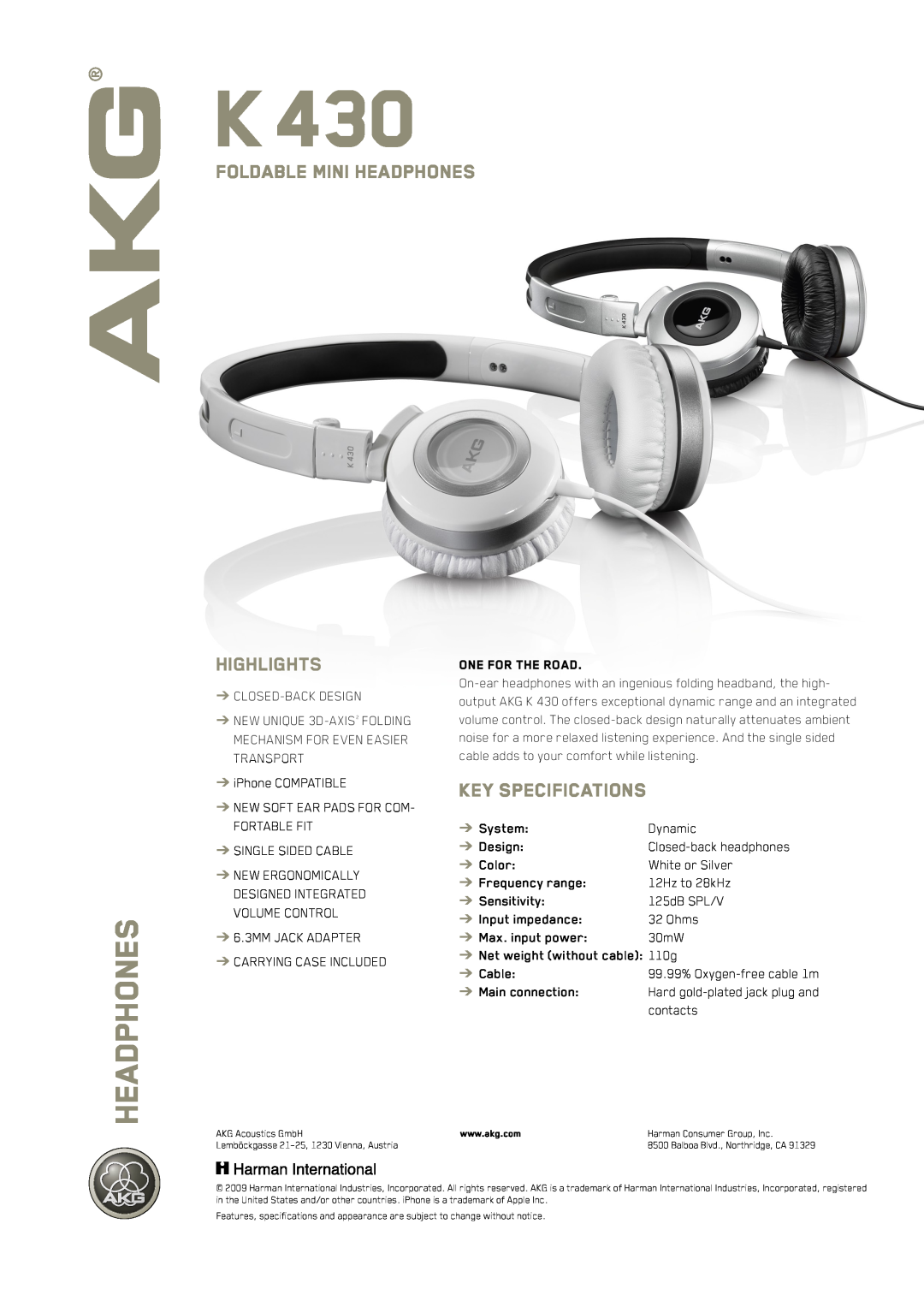 AKG Acoustics K 430 specifications K 430, Foldable Mini Headphones, Highlights, Key Specifications 